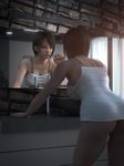  1girl 3d ass bra breasts brick brown_eyes highres incise_soul large_breasts looking_at_viewer mirror nagase_reiko namco ridge_racer toothbrush underwear wall 