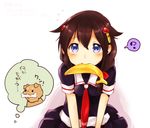  ? banana black_serafuku blue_eyes blush bone braid brown_hair dog flying_sweatdrops food fruit hair_flaps hair_ornament hair_over_shoulder kantai_collection looking_at_viewer mouth_hold neckerchief pleated_skirt red_neckwear remodel_(kantai_collection) sailor_collar school_uniform serafuku shigure_(kantai_collection) short_sleeves simple_background single_braid skirt solo spoken_question_mark thought_bubble translated umino_(anesthesia) white_background 