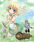  1girl armor blonde_hair blue_eyes breasts cleavage copyright_name fairy_wings hair_ornament holding ichiru_(yuzu-an) looking_at_viewer official_art pleated_skirt scramble_fortune shield short_hair skirt small_breasts smile wings 