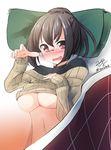  bad_id bad_pixiv_id bespectacled blush breasts brown_hair embarrassed glasses ise_(kantai_collection) kantai_collection large_breasts long_hair nekobaka open_mouth pillow red_eyes short_hair solo sweater underboob 
