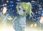  ayase_eli blonde_hair blue_eyes blurry blurry_background capelet flower fur-trimmed_gloves fur_trim gloves hair_flower hair_ornament hand_on_own_chest looking_at_viewer looking_to_the_side love_live! love_live!_school_idol_project ponytail scrunchie smile snow_halation solo suganemui upper_body 