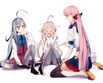  &gt;_&lt; ahoge akashi_(kantai_collection) banned_artist blue_skirt boots closed_eyes cotton_swab double_bun first_aid_kit front-seamed_legwear glasses green_eyes grey_eyes grey_legwear hakama_skirt injury kantai_collection kiyoshimo_(kantai_collection) knees_together_feet_apart knees_touching long_hair long_sleeves low_twintails makigumo_(kantai_collection) multicolored_hair multiple_girls neckerchief open_mouth pantyhose pink_hair pleated_skirt purple_skirt sailor_collar sayori_(oskn) school_uniform seamed_legwear serafuku sidelocks simple_background skirt sleeves_past_wrists thigh_boots thighhighs torn_clothes torn_legwear twintails two-tone_hair very_long_hair wavy_mouth white_background 