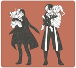  2girls black_jack_(character) black_jack_(series) boots carrying crossover full_body gyakuten_saiban gyakuten_saiban_5 kiss kizuki_kokone look-alike multicolored_hair multiple_boys multiple_girls necktie orange_background pants pinoko ponytail scar shoes short_hair sirtaka skirt standing thighhighs trait_connection two-tone_hair yuugami_jin 