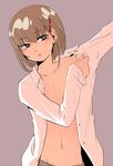  blue_eyes blush brown_hair chest collarbone dress_shirt dressing grey_background hair_ornament hairclip lips looking_at_viewer looking_to_the_side male_focus navel open_clothes open_shirt original pants shirt solo suparu_(detteiu) upper_body 