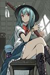  bad_id bad_pixiv_id blue_hair boots bow colorized crossed_legs dress food frills fruit hat hinanawi_tenshi katana long_hair looking_at_viewer peach puffy_sleeves red_eyes ribbon short_sleeves sitting sketch smile solo sword takemori_shintarou touhou weapon 