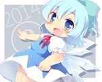  1girl blue_dress blue_eyes blue_hair blush bow cirno dress fang hair_bow ice ice_wings matatabi_(nigatsu) open_mouth panties pantyshot pantyshot_(standing) puffy_short_sleeves puffy_sleeves shirt short_sleeves smile solo standing touhou underwear wings 