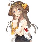  ahoge bad_id bad_twitter_id blue_eyes blush brown_hair fumatake hairband kantai_collection kongou_(kantai_collection) long_hair nontraditional_miko open_mouth simple_background smile solo torn_clothes white_background 