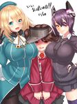  :d atago_(kantai_collection) black_gloves black_legwear blonde_hair blush breast_envy breasts brown_eyes brown_hair cardigan date_pun dated empty_eyes eyepatch fingerless_gloves girl_sandwich gloves green_eyes hand_on_hip hat headgear kantai_collection large_breasts long_hair looking_at_viewer magatama military military_uniform multiple_girls number_pun open_mouth pantyhose ryuujou_(kantai_collection) sandwiched school_uniform short_hair simple_background smile tenryuu_(kantai_collection) thighhighs translated twintails uniform visor_cap white_background yapo_(croquis_side) yellow_eyes zettai_ryouiki 