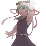  blue_eyes dress green_hair hand_up hat lowres mefomefo outstretched_arm ribbon ribbon-trimmed_clothes ribbon_trim serious shiki_eiki shirt touhou 