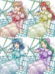  :d ahoge aqua_dress arm_support bench bird bird_on_hand blue_eyes blue_hair bow braid brown_hair chain choker dress green_hair hairband highres hisho_collection komase_(jkp423) lolita_hairband long_hair low-tied_long_hair multiple_girls open_mouth pink_dress plant purple_dress ribbon ribbon_choker side_braid single_braid sitting smile twin_braids variations vines 