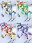  black_hair blue_bodysuit bodysuit boots breasts brown_hair chestnut_mouth furrowed_eyebrows goggles green_bodysuit hair_ribbon highres hisho_collection komase_(jkp423) large_breasts light_brown_hair multiple_girls open_mouth pink_bodysuit purple_hair ribbon ski_gear ski_goggles skiing skis white_bodysuit 