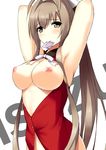  amagi_brilliant_park antenna_hair armpits arms_behind_head blush bottomless bow breasts breasts_outside brown_eyes brown_hair character_name cocona condom condom_in_mouth hair_bow hair_intakes large_breasts long_hair looking_at_viewer mouth_hold nipples out-of-frame_censoring ponytail sento_isuzu sleeveless smile solo very_long_hair 