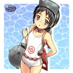  black_hair brown_eyes diving_mask diving_mask_on_head kantai_collection kurarin maru-yu_(kantai_collection) one-piece_swimsuit school_swimsuit short_hair swimsuit white_school_swimsuit white_swimsuit 