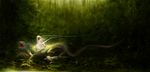  animal barefoot blonde_hair chameleon fairy green highres lizard long_hair minigirl nature nguy_thuy_ngan riding 