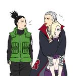  1girl 2boys aaa_(146503) akatsuki_(naruto) black_hair blonde_hair flak_jacket grey_hair hair_over_one_eye hidan lowres midriff multiple_boys nara_shikamaru naruto naruto_shippuuden tongue yamanaka_ino 