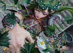 2012 closed_eyes elf eyeshadow flower foreshortening freckles green_hair hair_flower hair_ornament johannes_voss leaf long_hair magic magic:_the_gathering makeup official_art pointy_ears shaman_of_spring shoulder_armor signature solo spaulders stairs vambraces 