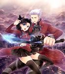  1girl archer bad_id bad_pixiv_id black_hair black_legwear blue_eyes brown_eyes fate/stay_night fate_(series) hair_ribbon highres kanshou_&amp;_bakuya magic niwa_toriko pale_skin ribbon sword thighhighs toosaka_rin two_side_up weapon white_hair 