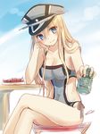  alcohol asahi_breweries bad_id bad_pixiv_id beer beer_can bismarck_(kantai_collection) blonde_hair blue_eyes breasts can cleavage crossed_legs hat kantai_collection large_breasts long_hair looking_at_viewer nunucco one-piece_swimsuit peaked_cap side-tie_bottom signature simple_background sitting sketch smile swimsuit 