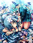  blue_dress blue_eyes blue_hair dress field flower flower_field hair_flower hair_ornament looking_at_viewer original parted_lips rain revision shino_(eefy) solo top-down_bottom-up wet 