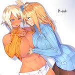  2girls :q abs ahoge ahoge_girl_(23) areola_slip areolae bare_shoulders between_breasts black_legwear blonde_hair blue_eyes blush breasts couple dark-skinned_girl_(23) detached_sleeves hand_between_breasts highres jewelry large_breasts long_hair midriff multiple_girls navel no_bra open_mouth orange_shirt original pantyhose ribbed_sleeves ribbed_sweater ring shirt short_hair short_shorts shorts simple_background sleeveless sleeveless_turtleneck smile sweat sweater toned tongue tongue_out turtleneck underboob wedding_band white_background wife_and_wife yuri 