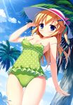  absurdres artist_name bare_shoulders blonde_hair blue_eyes blue_sky blush breasts casual_one-piece_swimsuit cloud day g.i.b._girls_in_black green_swimsuit hair_ornament hairclip hat highres long_hair nipples one-piece_swimsuit otonashi_sorami palm_tree polka_dot polka_dot_swimsuit ryoumoto_ken scan sky small_breasts smile solo strap_slip sun_hat sunlight swimsuit tree wardrobe_malfunction 
