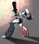  arm_cannon decepticon gun kevin_herault laughing logo looking_at_viewer looking_back megatron multiple_views no_humans open_mouth robot shadow standing transformers trigger turnaround villain weapon 