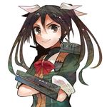  blouse brown_eyes brown_hair cannon catapult crossed_arms elbow_gloves gloves hair_between_eyes hair_ribbon itomugi-kun kantai_collection long_hair ribbon short_sleeves single_elbow_glove skirt smile solo tone_(kantai_collection) turret twintails white_ribbon 