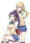  alternate_hairstyle ayase_eli black_legwear blonde_hair blue_eyes bow chair folding_chair hairstyle_switch kneehighs long_hair love_live! love_live!_school_idol_project low_twintails multiple_girls open_mouth otonokizaka_school_uniform purple_hair school_uniform simple_background sitting sketch skirt smile standing suganemui sweater_vest toujou_nozomi twintails white_background 