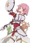  armor breastplate hair_ornament hairclip leafa lisbeth lisbeth_(sao-alo) more_deban multiple_girls open_mouth pink_eyes pink_hair pointy_ears shield short_hair silica silica_(sao-alo) sword sword_art_online weapon 