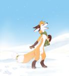  2018 5_fingers ailuranthropy anthro canine day digital_media_(artwork) digitigrade eyes_closed fox male mammal outside scarf sky smile snow snowing solo standing 