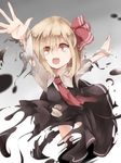  :d bad_id bad_pixiv_id blonde_hair burnt_clothes darkness fang hair_ribbon highres natsuki_teru necktie open_mouth orange_eyes red_neckwear ribbon rumia shirt short_hair skirt smile torn_clothes touhou v-shaped_eyebrows vest 