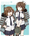  :d alternate_costume any_(lucky_denver_mint) blue_background brown_eyes brown_hair character_name dress_shirt fang folded_ponytail hair_ornament hairclip hand_on_hip hedgehog_anti-submarine_mortar highres holding ikazuchi_(jmsdf) ikazuchi_(kantai_collection) inazuma_(jmsdf) inazuma_(kantai_collection) japan_maritime_self-defense_force japan_self-defense_force kantai_collection military multiple_girls necktie number open_mouth original pleated_skirt shirt short_hair short_sleeves skirt smile v_arms 