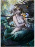  blue_eyes breasts brown_hair coin collarbone covering covering_breasts fish floating_hair full_body jewelry large_breasts long_hair looking_at_viewer mermaid monster_girl navel nguy_thuy_ngan no_pupils original scales seashell_bra sitting solo underwater very_long_hair 