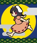  animal_ears barefoot black_hair bunny_ears carrot chibi cloud dress egasumi full_moon grin inaba_tewi kide_koushin moon night outstretched_arms pink_dress red_eyes seigaiha short_hair smile solo touhou 