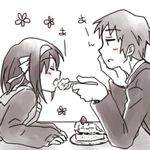  1girl cake cardigan closed_eyes feeding food kita_high_school_uniform kyon monochrome school_uniform serafuku short_hair suzumiya_haruhi suzumiya_haruhi_no_yuuutsu taiki_(6240taiki) 