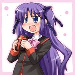  :d blush bow gift hair_ribbon holding little_busters! lowres nekotoufu open_mouth pink_bow purple_eyes purple_hair ribbon sasasegawa_sasami school_uniform smile solo two_side_up valentine 