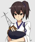  airisubaka artist_name brown_eyes brown_hair fingerless_gloves gloves highres japanese_clothes kaga_(kantai_collection) kantai_collection muneate side_ponytail solo 