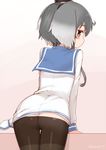  ass blush brown_eyes brown_legwear dress from_behind grey_hair hat kamoto_tatsuya kantai_collection looking_back mini_hat pantyhose sailor_dress short_hair_with_long_locks solo tokitsukaze_(kantai_collection) twitter_username 