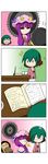  3girls 4koma absurdres anger_vein animal_ears blonde_hair book bound chibi circular_saw comic crescent cup desk flying_sweatdrops green_hair hat highres kasodani_kyouko kirisame_marisa mob_cap multiple_girls no_eyes no_mouth o_o open_mouth patchouli_knowledge purple_hair rakugaki-biyori rope shirt silent_comic skirt smoke teacup tied_up touhou 