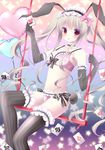  animal_ears bow bow_bra bow_panties bra bunny_ears card elbow_gloves gloves holding long_hair looking_at_viewer original panties pink_bra pink_panties playing_card red_eyes shibainu_niki silver_hair solo striped striped_legwear thighhighs twintails underwear underwear_only 