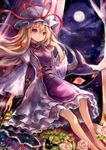  bad_id bad_pixiv_id blonde_hair bow fan faux_traditional_media flower folding_fan full_moon gap hair_bow hair_ribbon hanchan hat holding long_hair looking_at_viewer mob_cap moon purple_eyes ribbon rose sitting solo touhou wind yakumo_yukari 