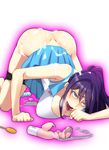  1girl aftersex ahegao ass blue_eyes blush breast_press breasts cleavage cum cum_on_ass cum_on_body cum_on_lower_body dildo doki_doki_yandemic highres huge_breasts kabushikigaisha_real legs long_hair no_panties open_mouth ponytail purple_hair saliva simple_background skirt skirt_lift solo sportswear tennis tennis_uniform thighs top-down_bottom-up 