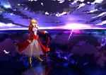  absurdres aestus_estus ahoge aikarosua blonde_hair breasts dress epaulettes fate/extra fate_(series) green_eyes hair_ribbon hand_on_hilt highres large_breasts nero_claudius_(fate) nero_claudius_(fate)_(all) red_dress ribbon ripples see-through solo standing standing_on_liquid sword water weapon 