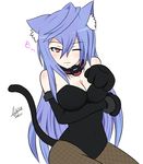  ;) ahoge airisubaka alternate_costume animal_ears artist_name bangs bare_shoulders blue_hair blush body_blush breast_hold breasts cat_ears cat_tail cleavage covered_navel cowboy_shot detached_sleeves fishnet_pantyhose fishnets fur_trim gloves hair_between_eyes heart iris_heart jewelry kami_jigen_game_neptune_v kemonomimi_mode kittysuit large_breasts leotard light_smile long_hair looking_at_viewer magical_girl neck_ring neptune_(series) one_eye_closed pantyhose paw_gloves paw_pose paws pink_eyes playboy_bunny_leotard power_symbol signature simple_background sitting smile solo strapless strapless_leotard symbol-shaped_pupils tail very_long_hair 