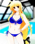  ass_visible_through_thighs bikini blonde_hair blue_bikini blurry breasts cleavage cowboy_shot depth_of_field engo_(aquawatery) fate_testarossa front-tie_top hand_on_hip highres large_breasts long_hair looking_at_viewer low-tied_long_hair lyrical_nanoha mahou_shoujo_lyrical_nanoha_strikers navel red_eyes rei_no_pool side-tie_bikini sidelocks solo standing swimsuit underboob very_long_hair 