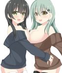  agano_(kantai_collection) asymmetrical_docking bare_shoulders black_hair black_legwear breast_press breasts chimunge cleavage green_hair grey_eyes hair_ornament hairclip kantai_collection large_breasts long_hair multiple_girls naked_sweater no_bra off_shoulder open_mouth smile suzuya_(kantai_collection) sweater white_legwear yellow_eyes 