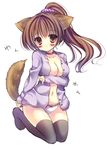  animal_ears bad_id bad_pixiv_id black_legwear blush breasts brown_eyes brown_hair cleavage collar dog_ears dog_tail kneeling kouta. large_breasts long_sleeves no_pants open_clothes open_shirt original panties ponytail shirt simple_background smile solo tail thighhighs underwear white_background white_panties 