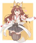  ;d ahoge animal_ears black_eyes blush brown_legwear detached_sleeves double_bun fang fox_ears fox_tail headgear heart kamoto_tatsuya kantai_collection kemonomimi_mode kongou_(kantai_collection) long_hair nontraditional_miko one_eye_closed open_mouth pointing pointing_at_viewer skirt smile solo tail thighhighs twitter_username yellow_background zettai_ryouiki 