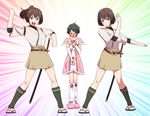  blush brown_eyes brown_hair cosplay furo_(harirate) futari_wa_precure futari_wa_precure_max_heart hyuuga_(kantai_collection) ise_(kantai_collection) japanese_clothes kantai_collection long_hair magical_girl mogami_(kantai_collection) multiple_girls open_mouth ponytail precure school_uniform shiny_luminous shiny_luminous_(cosplay) short_hair skirt sword weapon 