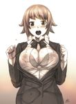  bad_id bad_pixiv_id blush bow bowtie bra breasts bursting_breasts cleavage formal gundam gundam_build_fighters gundam_build_fighters_try hoshino_fumina large_breasts looking_at_viewer monochrome open_clothes open_mouth open_shirt popped_button sepia shirt short_hair solo tuxedo underwear yoshida_inuhito 